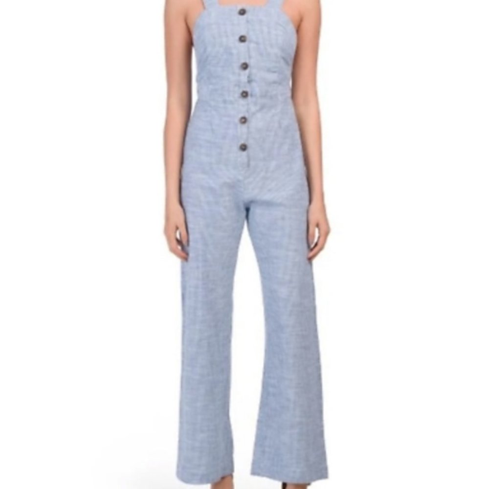 Japna Blue White Stripe Wide Leg Button Front Jumpsuit